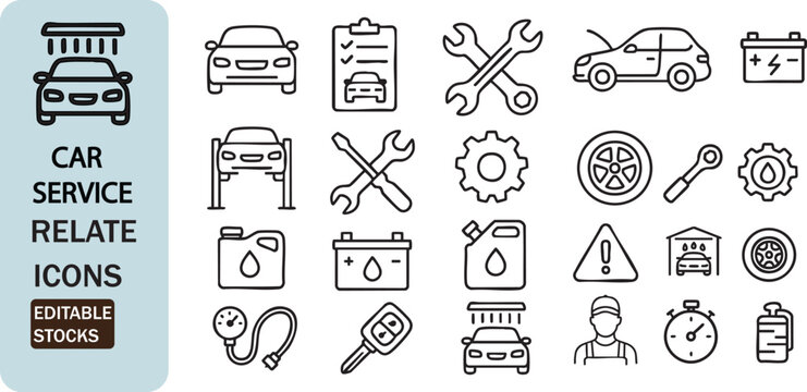 Car service icons set for automotive repair and maintenance needs isolated on white background