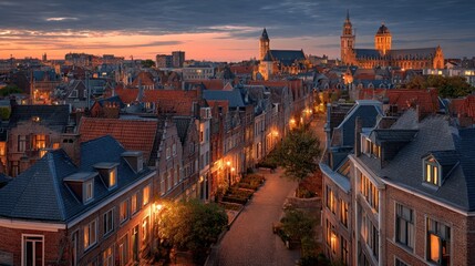 Urban tranquility illuminated: A serene cityscape at twilight captures peaceful ambience