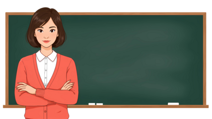 Cartoon female teacher standing with folded arms in front of chalkboard