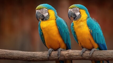 Vibrant Pair: Two Macaw Parrots Perched on a Branch Showcasing Vivid Plumage