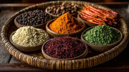 Vibrant Assortment of Spices Presented in Rustic Wooden Bowls on Woven Tray