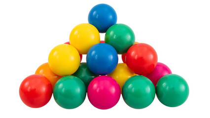 Colorful plastic balls pyramid arrangement on the transparent background  red, yellow, green, blue, pink, childrens play balls, fun, education, rainbow, toy trend