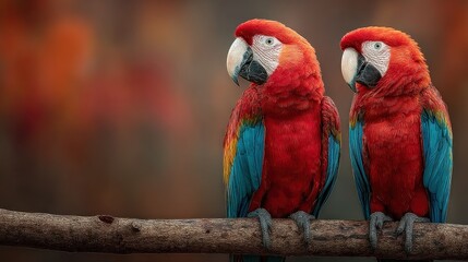 Two scarlet macaws perched on a branch, observing their vibrant tropical world