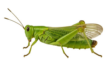 Fototapeta premium Detailed Side View of a Bright Green Grasshopper on Black Background isolated on a transparent background