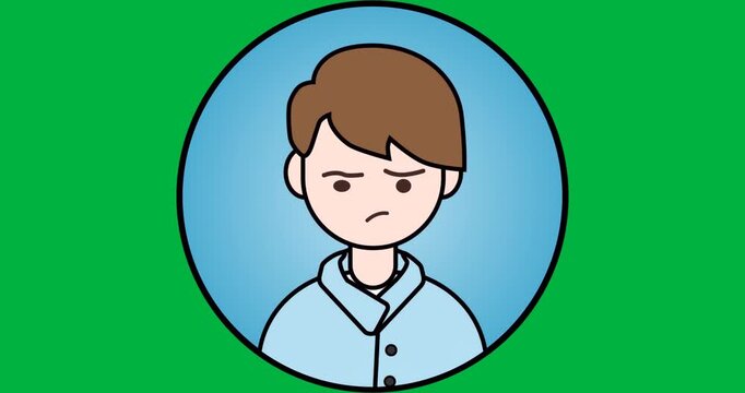 Male avatar showing frown in tech design, featuring blue gradient frame and transparent background