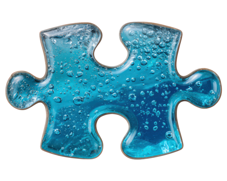 Puzzle piece with ice texture frozen element blue water transparent detailed bubbles ultra realistic isolated on transparency background cool and refreshing visual