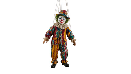 Colorful vintage clown marionette puppet hanging with strings on the transparent background, classic toy with painted face and costume
