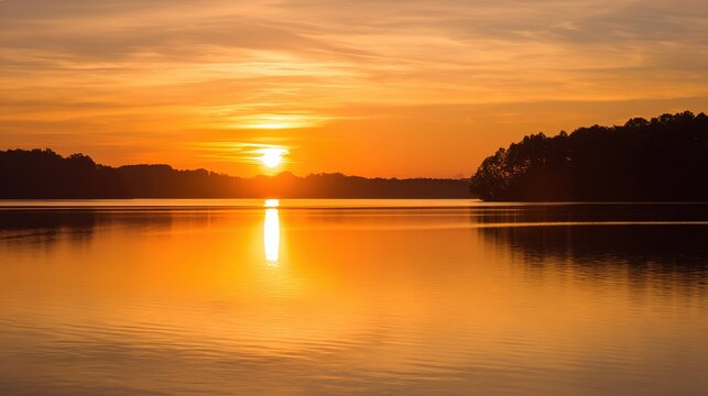 shore. Tranquil lakeside view at sunset with calm water reflecting golden hues. inspiring travel planning, travel magazines, designed for outdoor magazines and nature guides.