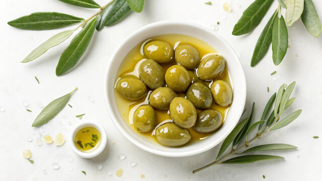 Fresh green olives in olive oil with olive branches - Powered by Adobe