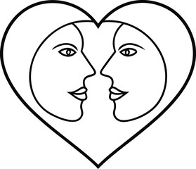 Vector art of stylized black and white illustration of two faces in profile, facing each other, forming the shape of a heart