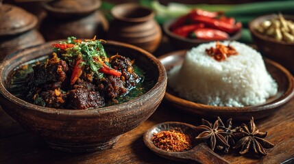 Authentic rendang dish presented in traditional wooden bowl, ready to savor