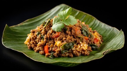 Delicious stir-fried meat served on a vibrant tropical banana leaf plate