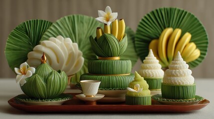Exquisite Arrangement of Thai Desserts with Flowers and Banana Leaves