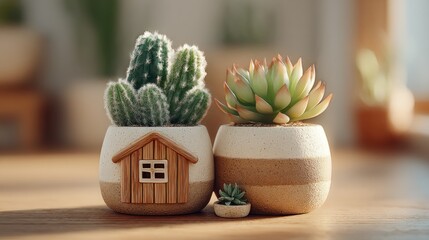 Indoor Oasis: Miniature Cactus and Succulent Garden in Decorative Pots