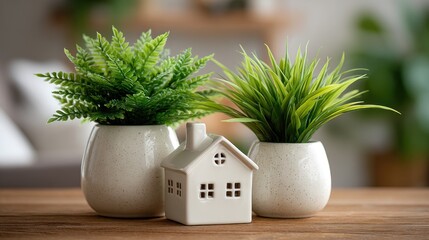 Charming Still Life Featuring Miniature House and Decorative Green Plants