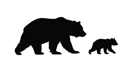 Silhouette of mother bear and cub walking together a symbol of family and protection isolated on white background
