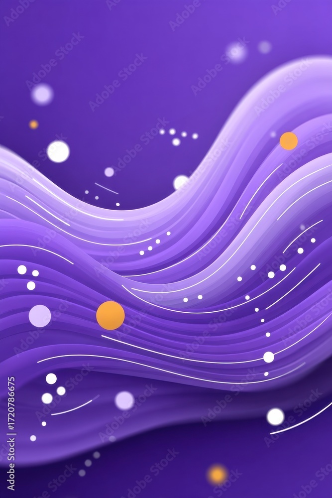Poster abstract purple background with flowing shapes and glowing dots and lines