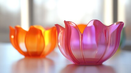 Colorful petal bowls, artful glassware, vivid hues on a reflective surface