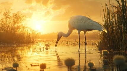 Ibises feeding in newly formed inland wetlands as coastlines shrink, thriving in warm, sunlit environments surrounded by shifting water levels