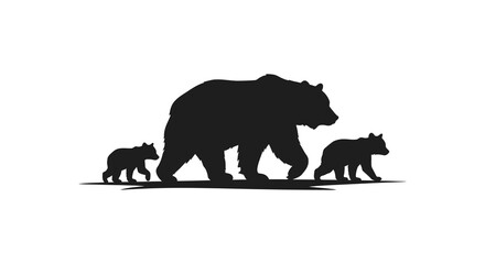 Silhouette of a mother bear walking with two cubs wilderness animal family wildlife graphic isolated on white background