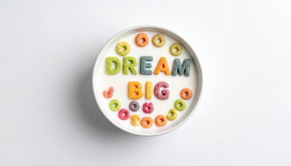 Dream Big Alphabet Cereal in Milk on Clean White Background