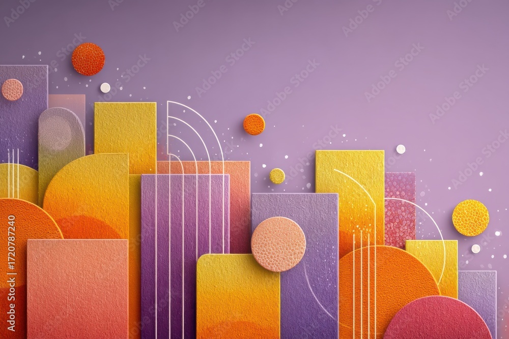 Poster colorful abstract design with geometric shapes and textured patterns on purple