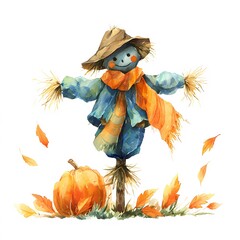 Watercolor scarecrow with pumpkin and autumn leaves, fall harvest illustration