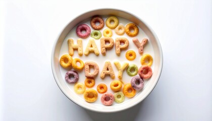 Happy Day Alphabet Cereal in Milk Isolated on White Background