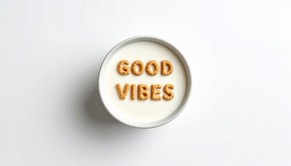 Good Vibes Alphabet Cereal in Milk on White Background