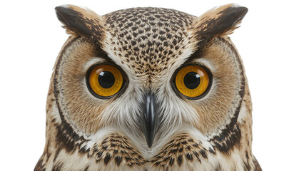 Obraz premium Closeup portrait of great horned owl with yellow eyes and detailed feathers on the transparent background