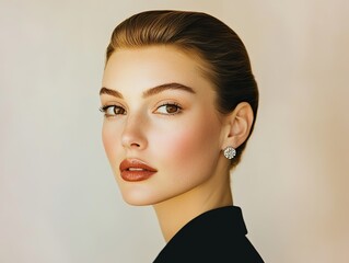 In a softly lit, elegant setting with a pristine white background, an german model exudes sophistication with her super sleek, tight low bun hairstyle. 