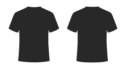 Two realistic black t-shirts front and back views apparel mockup template isolated on white background