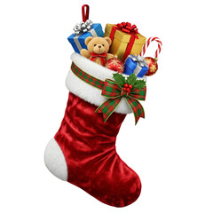 Festive Christmas Stocking with Gifts, isolated on transparent background	
