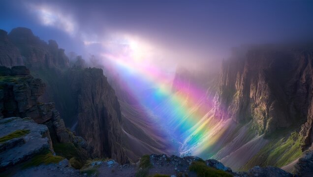 A vibrant rainbow arches through a misty canyon, creating a breathtaking display of light and color in a dramatic natural setting - Powered by Adobe