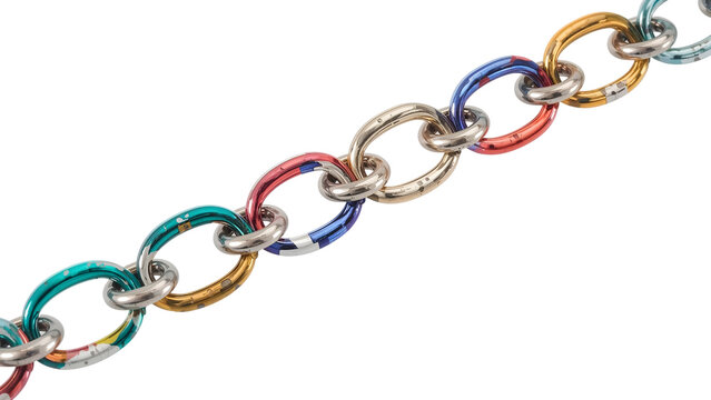 Colorful metal chain links arrangement isolated on the transparent background, modern rainbow connection concept, shiny multicolored loops, minimalist design