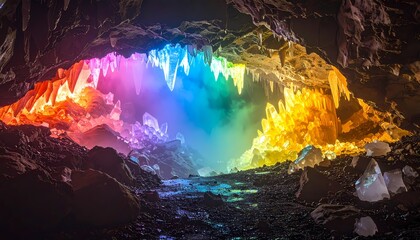 Fototapeta premium Vibrant Rainbow-Lit Cave Interior with Stalactites and Stalagmites.