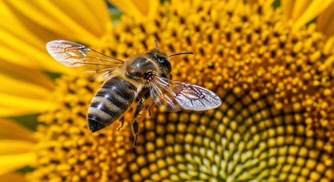 Honeybee pollinating vibrant yellow sunflower flower in sunlight