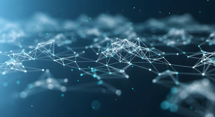 A glowing network of interconnected lines and nodes against a dark blue background with a shallow depth of field and cinematic lighting conveying a futuristic and technological mood.