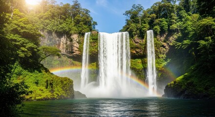 Naklejka premium Majestic Waterfall with Vibrant Rainbow in Lush Tropical Rainforest, Serene Nature Landscape with Sunlight and Clear Blue Sky