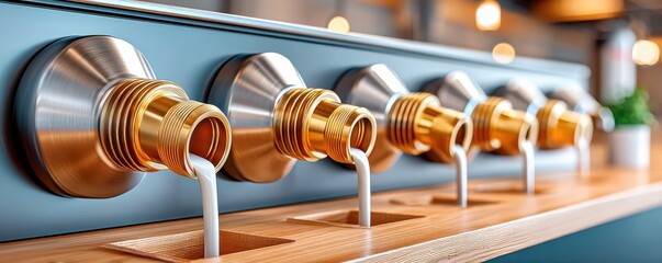 Close-up view of multiple milk dispenser pipes in a modern setup