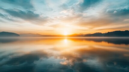 Obraz premium A breathtaking sunrise over a serene lake, reflecting vibrant orange and blue hues, surrounded by misty mountains creates a tranquil atmosphere perfect for relaxation or nature-themed projects,