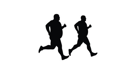 Two obese men silhouettes running showing weight loss journey and fitness motivation isolated on white background