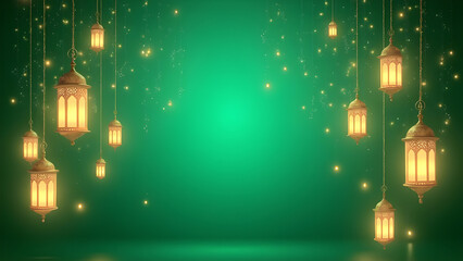 Obraz premium Elegant lanterns illuminating a serene green backdrop for Ramadan celebrations