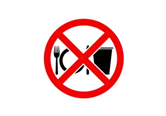 Obraz premium A classic red and black prohibition sign indicating no food or drink is permitted, featuring silhouettes of a fork, plate, and cup on a white background.