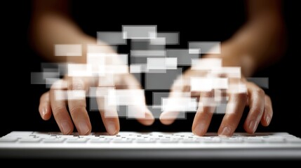 Hands Typing on Keyboard with Blurred Text Overlays in Dark Setting