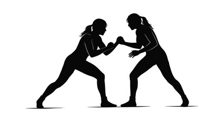 Dynamic silhouette of two women boxing in intense stance ready for combat isolated on white background