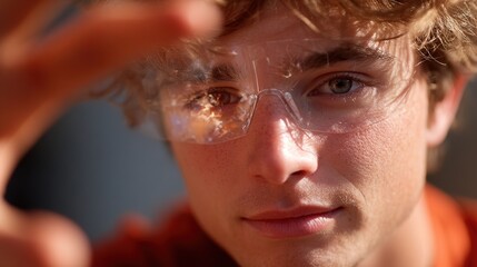 Young man with safety glasses looking directly at the camera