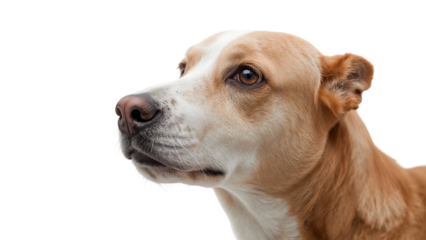 Portrait of a brown and white dog with expressive eyes looking sideways on isolated the transparent background