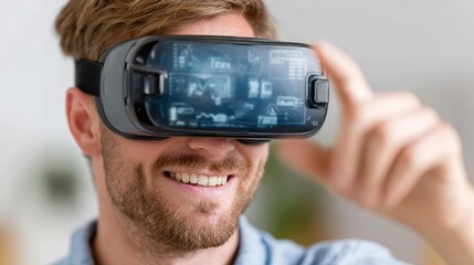 Man Smiling While Using Virtual Reality Headset in Modern Setting