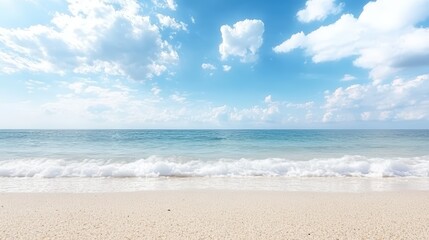 Fototapeta premium A serene beach scene showcasing gentle waves washing over soft, white sand under a bright blue sky filled with fluffy clouds, Perfect for travel blogs, relaxation themes, or nature projects,